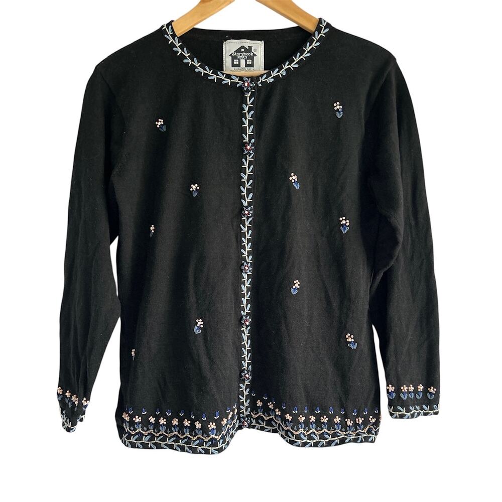 Vintage Storybook Knits Size Medium‎ Black Cotton Floral Embroidered Cardigan
